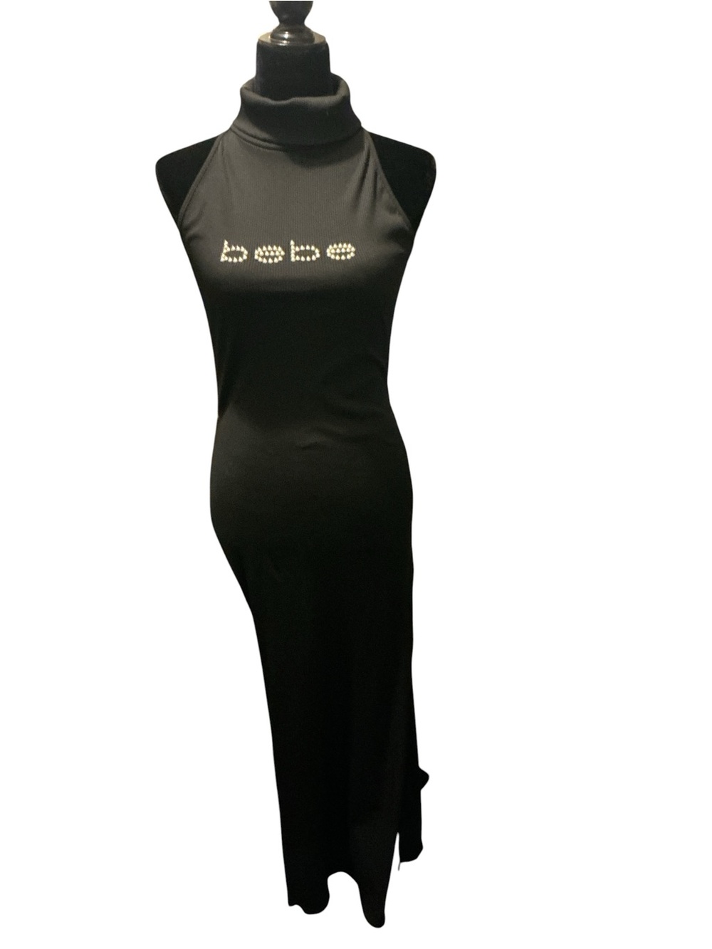 bebe Black Sleeveless Turtleneck Maxi Dress with Embellished Logo